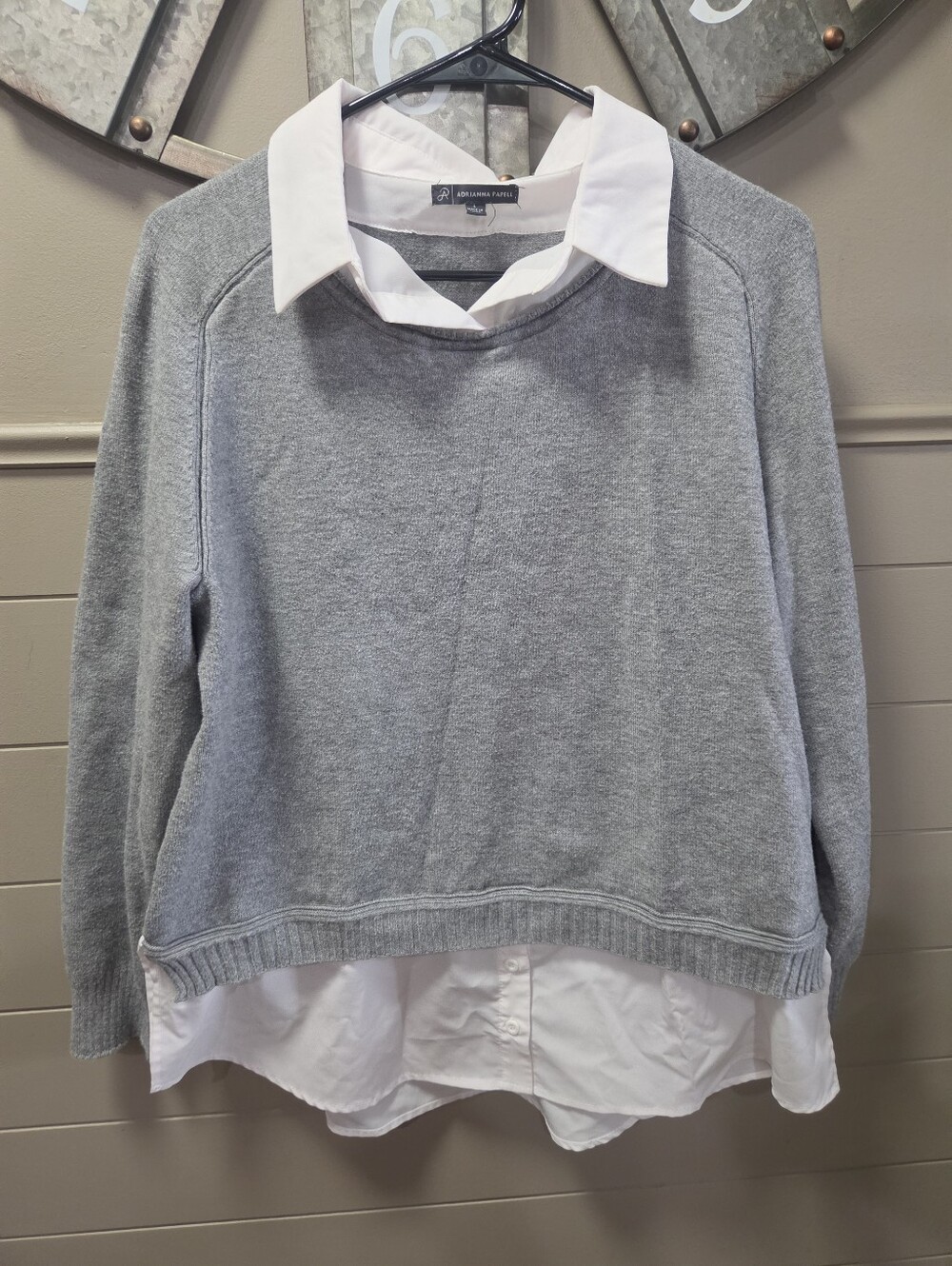 Adrianna Papell Gray Sweater with White Shirt Layer